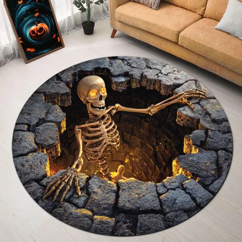 Spooky Halloween Stairwell Round Rug,Fall Pumpkin Bat Spider Web Printed Circular Floor Mat,Living Room Bedroom Decor Carpet