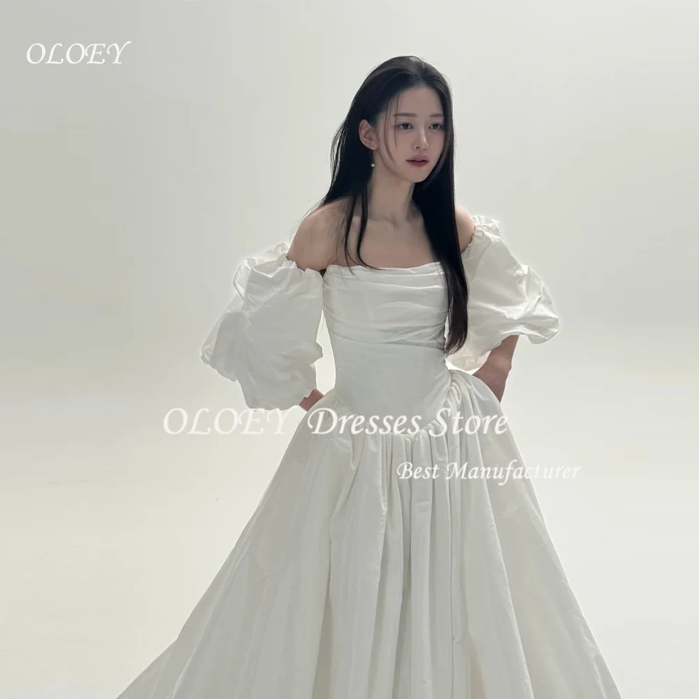 

OLOEY Simple Strapless A Line Wedding Dresses Korea Photo Shoot Pleats Floor Length Bridal Gowns with Sleeves Corset Customized