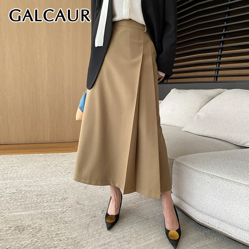 

GALCAUR Minimalism Pleated Skirts Female High Waist Slimming Split Loose A Line Elegant Formal Women Midi Skirt 2024 Autumn New