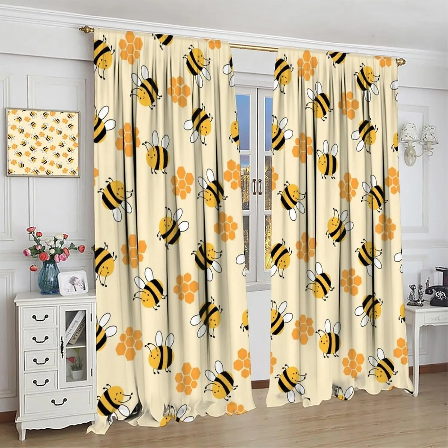 Yellow Cartoon Bee Blackout Curtains,Wing Insect Honey Honeycomb Printed Rod Pocket Thermal Insulated Window Curtain for Bedroom