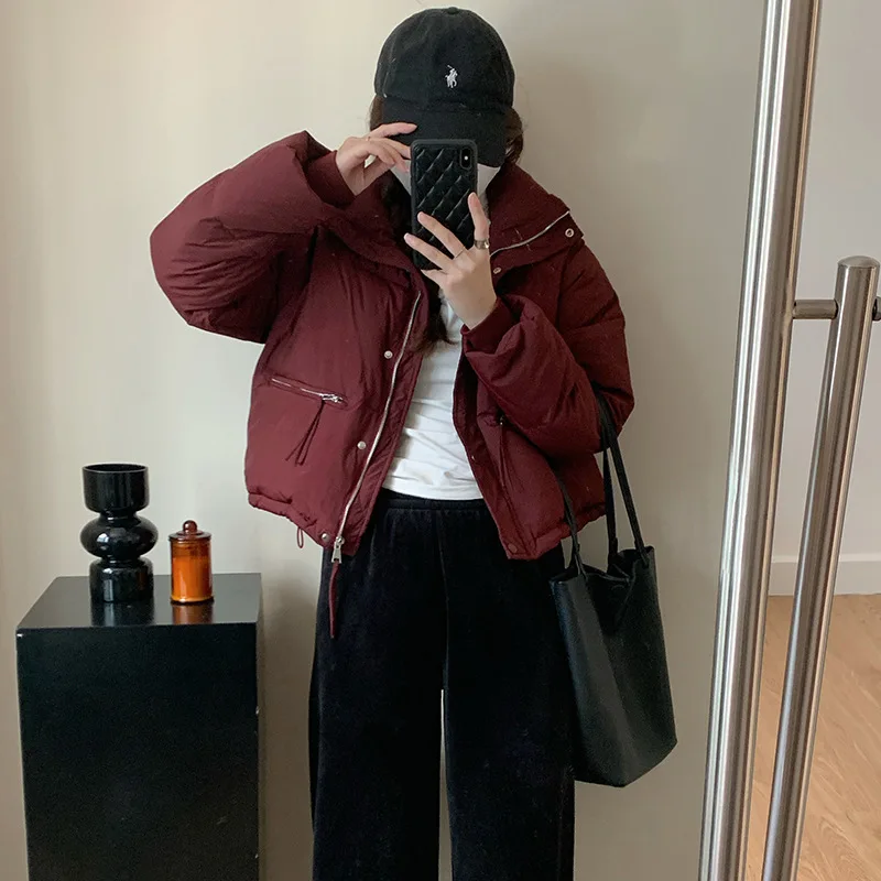 Women's Autumn Winter Down Jacket Duck Short Pure Color Zipper Pocket Retro Simple Leisure Fashion Advanced Soft Niche Versatile