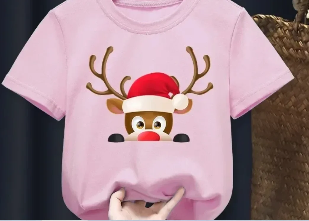 Summer New Deer Merry Christmas Red Kid T-shirts Cotton Children Baby Red Harajuku Clothes Boy Girl Tops Gift