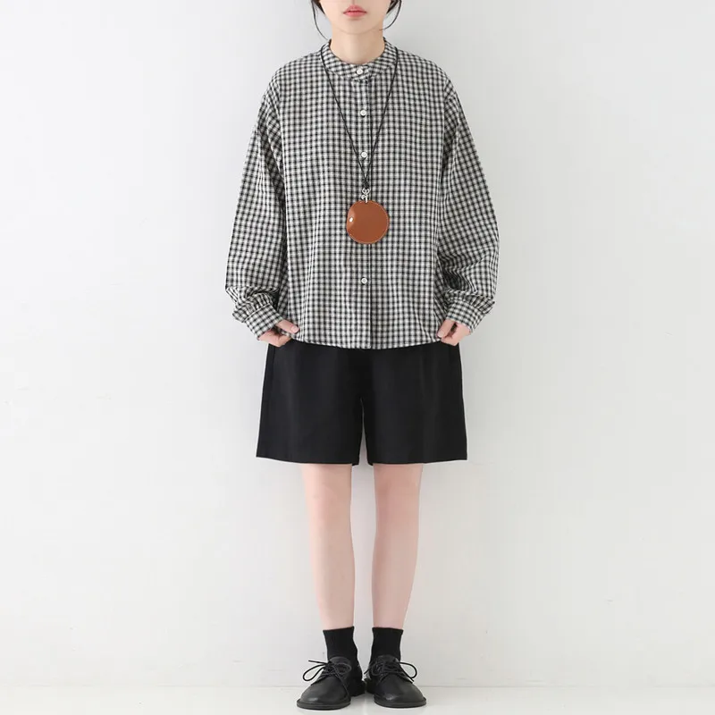 

Весенняя винтажная простая рубашка с воротником-стойкой, повседневная, тонкая, в клетку, свободного кроя, стандартной длины, из полиэстера (65%) и хлопка (35%), женская.