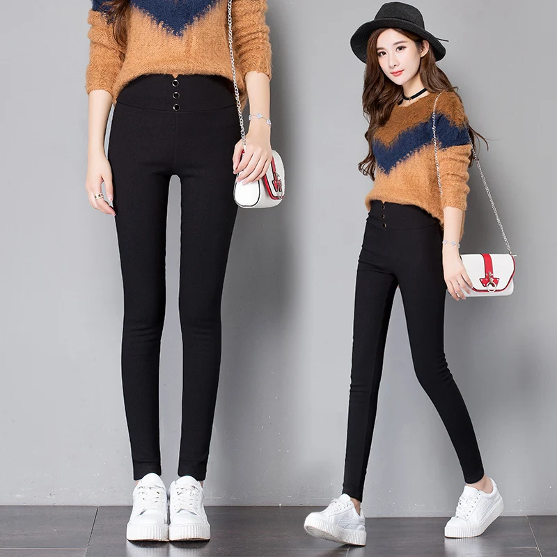 

2024 High Waist Pencil Pants For Women 3 Buttons Black Solid Skinny Leggings Summer Female Casual Trousers Fall Bottoms P8348