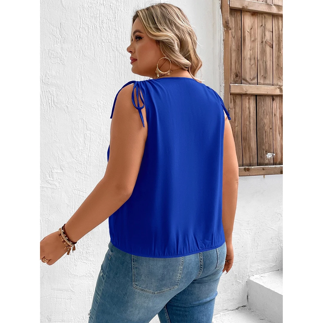 Mugen Plus Size Solid Color New Drawstring V Neck Blouse Elegant 2024 Summer Sleeveless Blouse Women's Plus Size Clothing Tops