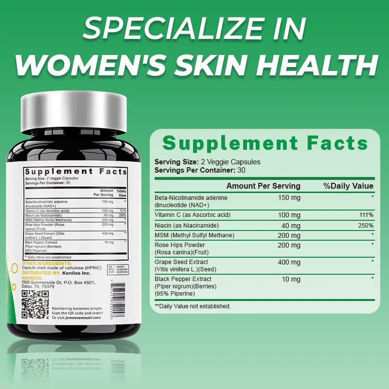 NAD+ Anti aging Supplements,with Niacin,Vitamin C,Grape Seed Extract,Natural Energy Supplement,Support Cell Health