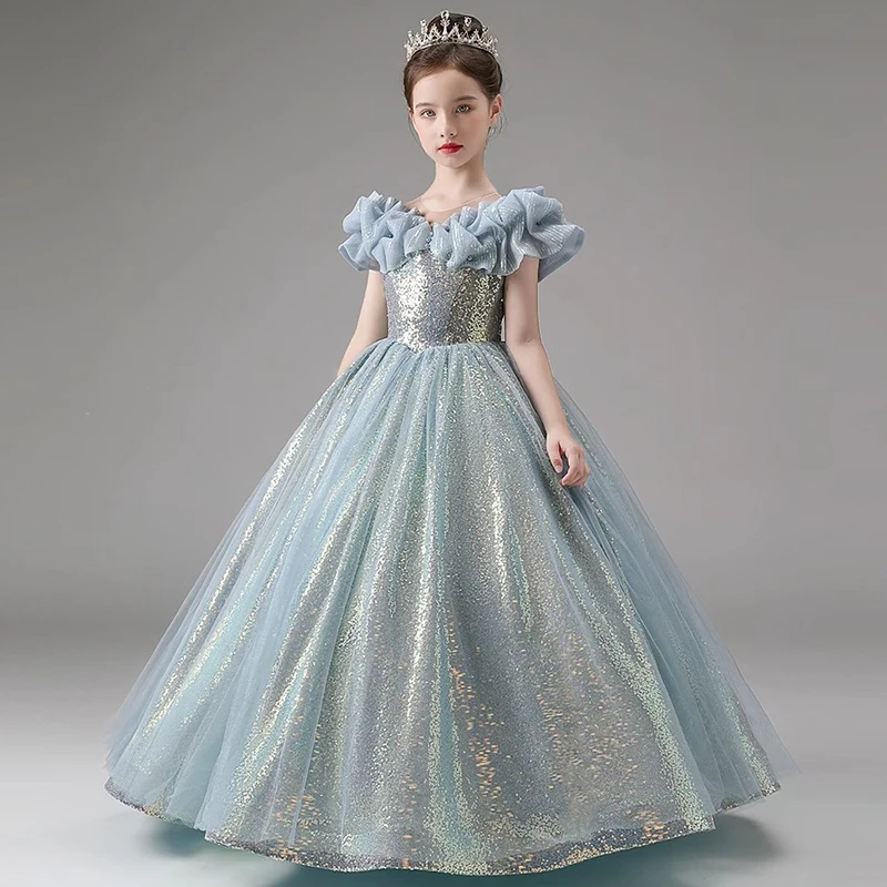 Kids Blue Princess Dress for Girls Children Birthday Party Sequin Long Evening Gowns Formal Prom Luxury Pageant Gala Dresses