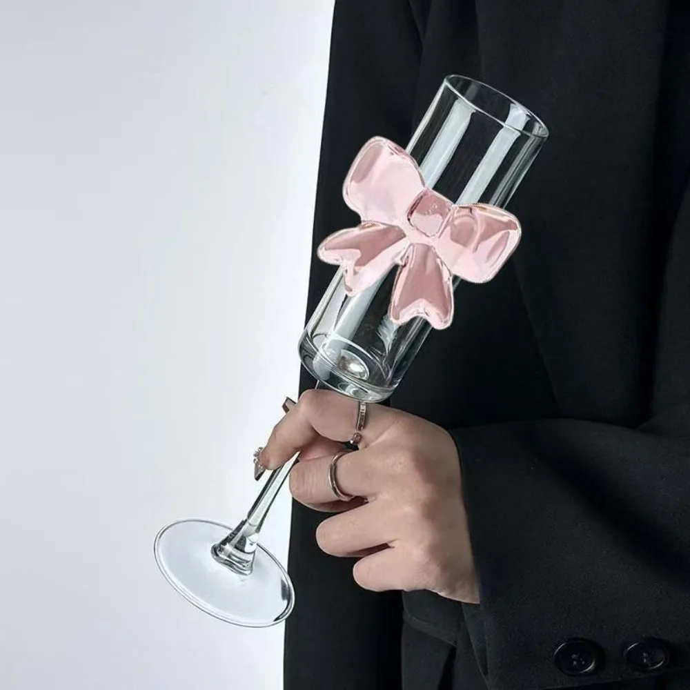 

2pcs Unique Clear Pink Bow Champagne Glass Ultra Thin 3D Bow Goblet 160ML Champagne Flutes Martini