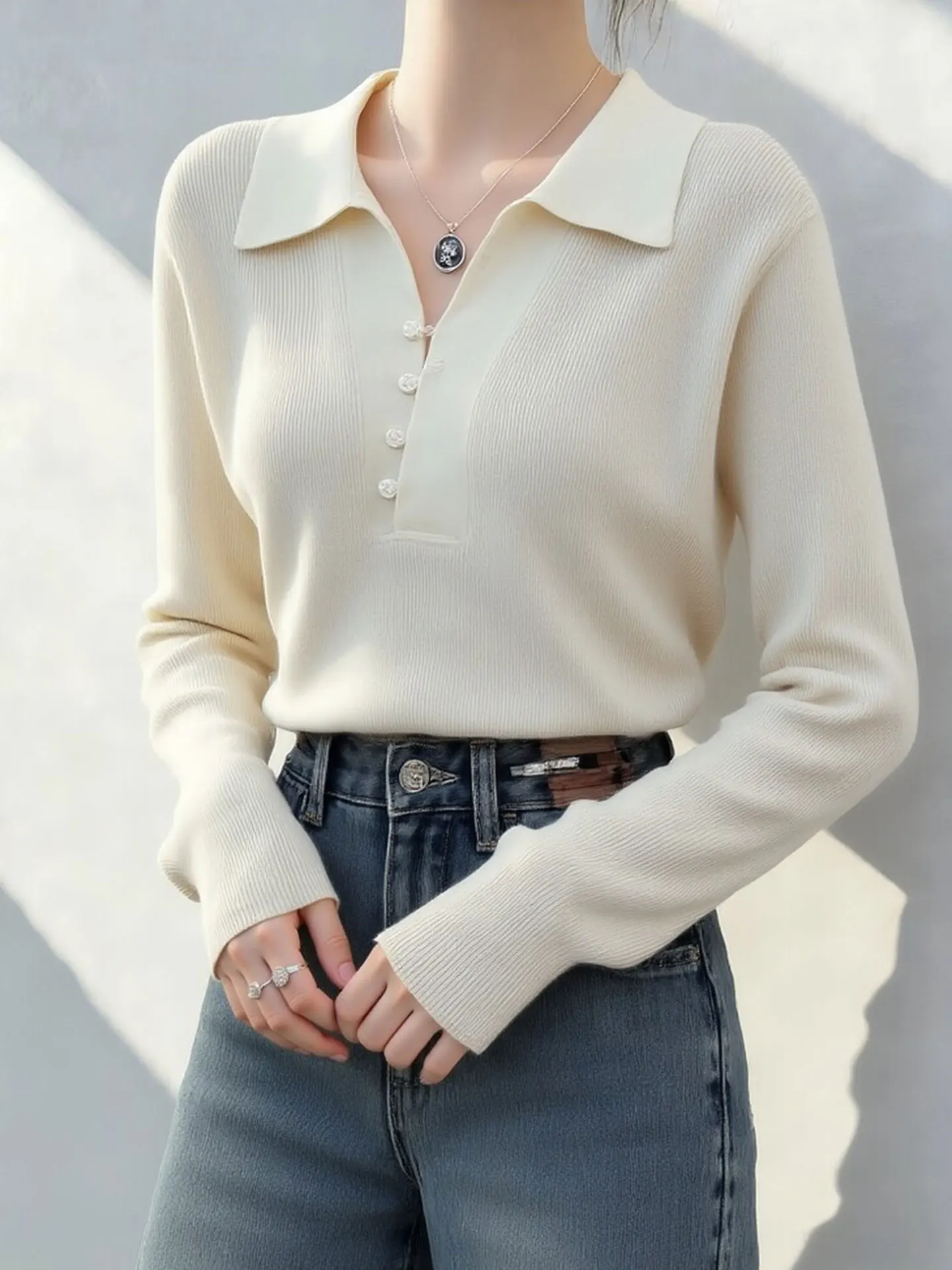 

Ele Korean Sle Long Sve Knitted irt Pure Color Turn-down Collar Base Layer Top for Women Commute Suitable