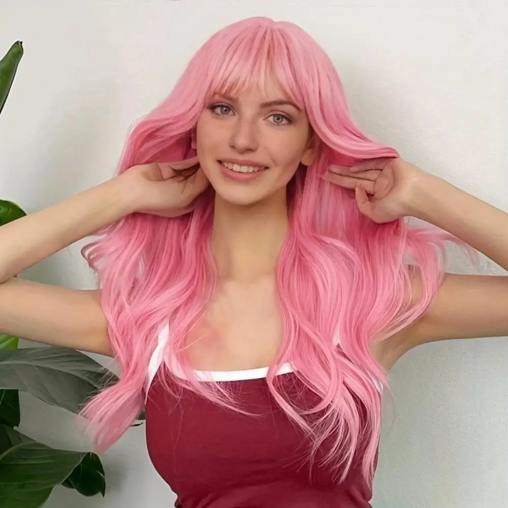 Pink Long Curly Synthetic Wig With Air Bangs For White Women Daily Cosplay Lolita Wig Natural High Temperature Silk Wig