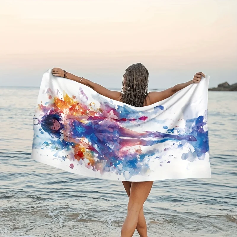 Anime-Style Magical Girl Beach Towel - Quick Dry Towel with Vibrant Watercolor Design for Travel, Pool, Bath room