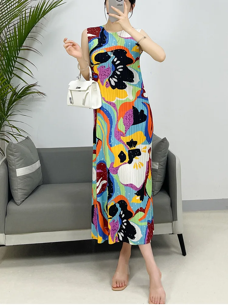 

HOT SELLING Miyake fashion fold pleated casual printed sleeveless dress IN STOCK