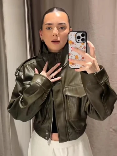 Imagen 2 del producto Chaquetas de Cuero Sintético a la Moda para Mujer, Holgadas, con Cierre, Manga Larga, Abrigos Cortos Femeninos, Otoño 2026, Ropa Exterior Informal para Mujer ﻿