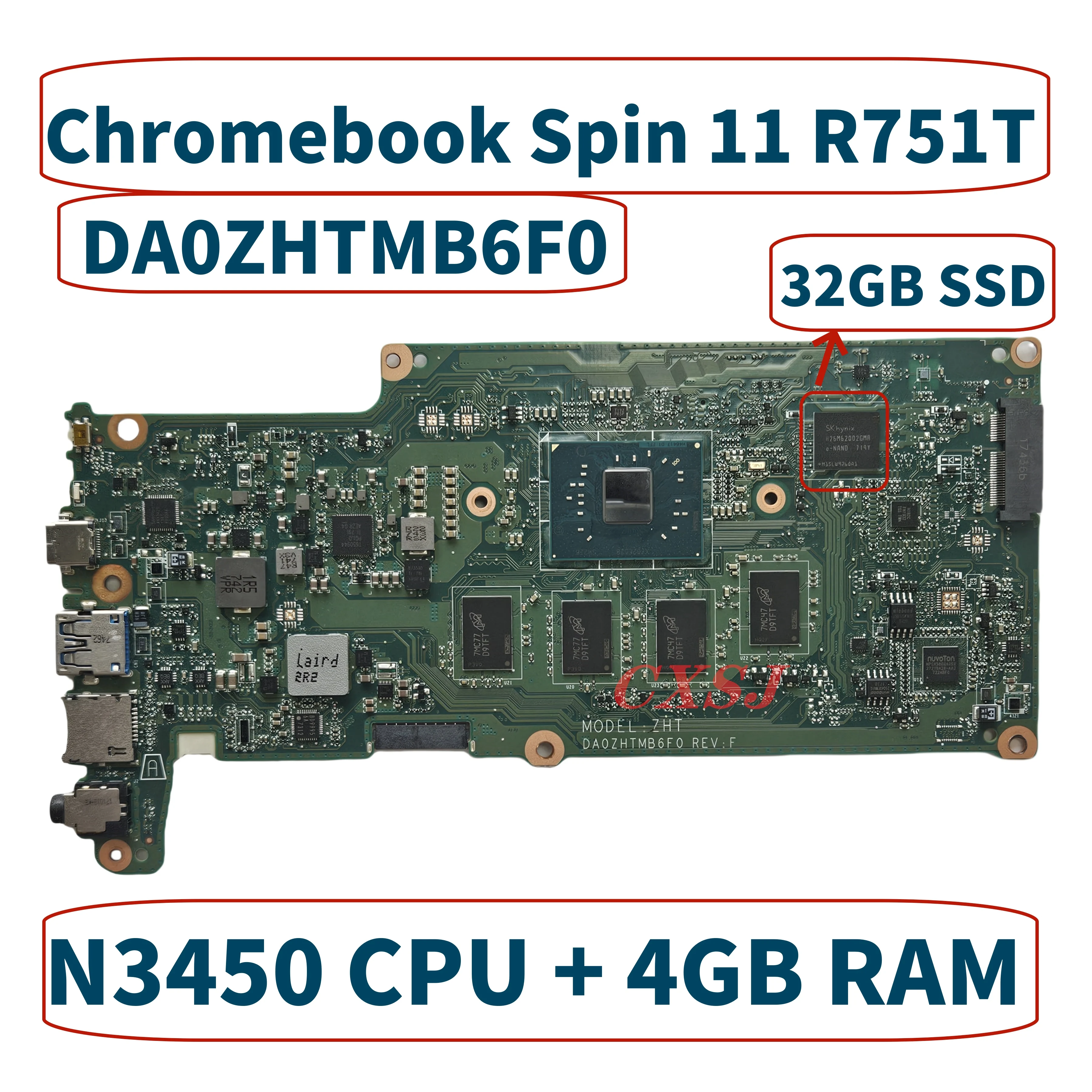 For Acer Chromebook Spin 11 R751T N3450 Notebook Mainboard DA0ZHTMB6F0 NBGNJ110028 4GB RAM 32GB SSD Laptop Motherboard