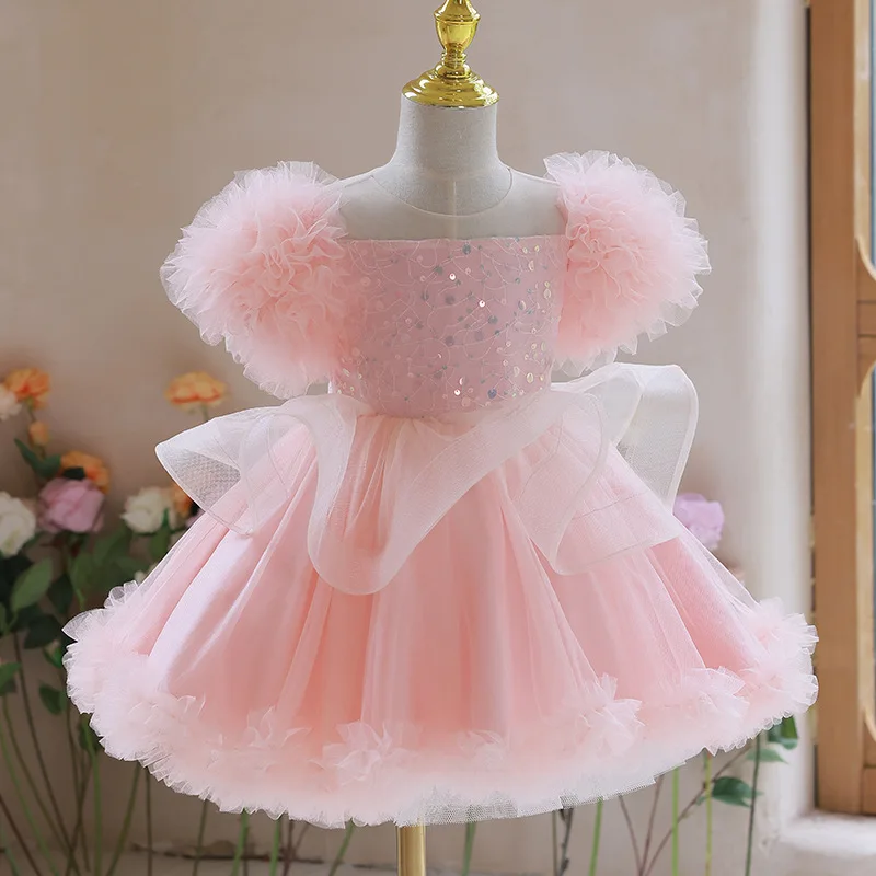 

2024 Kids Flower Girl Dresses for Weddings Toddlers Sequined Petal Sleeves Tulle Dress Children 1st Birthday Party Ball Gowns