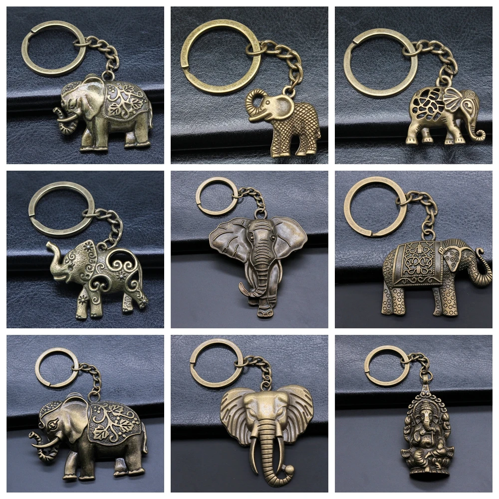 New Fashion Men Car Keychain Key Ring DIY Metal Holder Chain Vintage Elephant Ancient Bronze Silver Color Pendant Gift