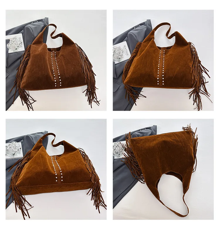 Damenhandtasche mit langen Quasten, große Kapazität, weiche Kunstwildleder-Schultertasche für Damen, Handtasche für Pendler, Hobo-Tasche, Einkaufstasche, Bolsas – Detail 10
