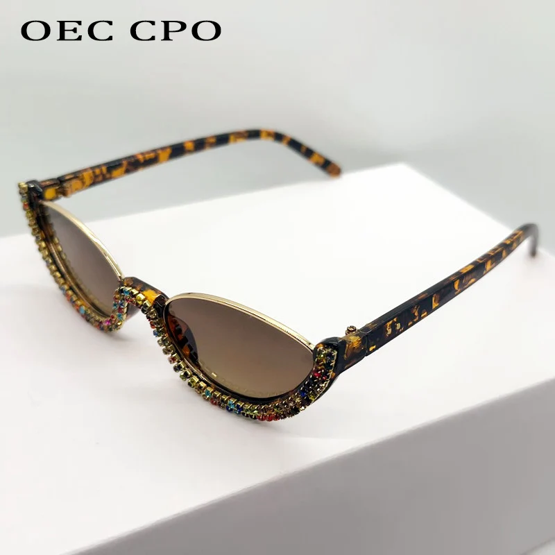 OEC CPO New Diamond Half Frame Sunglasses Women Vintage Shades Small Rhinestone Sun Glasses Female Punk UV400 Eyewear
