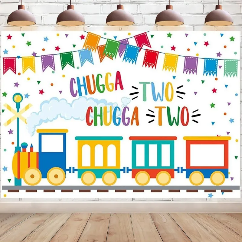 

Happy 2nd Birthday Backdrop Banner Chugga Chugga Two Two Train Background for Photography Party Decorations Photo Booth Props