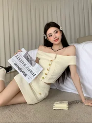 Beige Outfits 2 Piece Set Off Shoulder Slash Neck Crop Top + Wrap Hip High Waist A-Line Skirt Coquette Mori Girl
