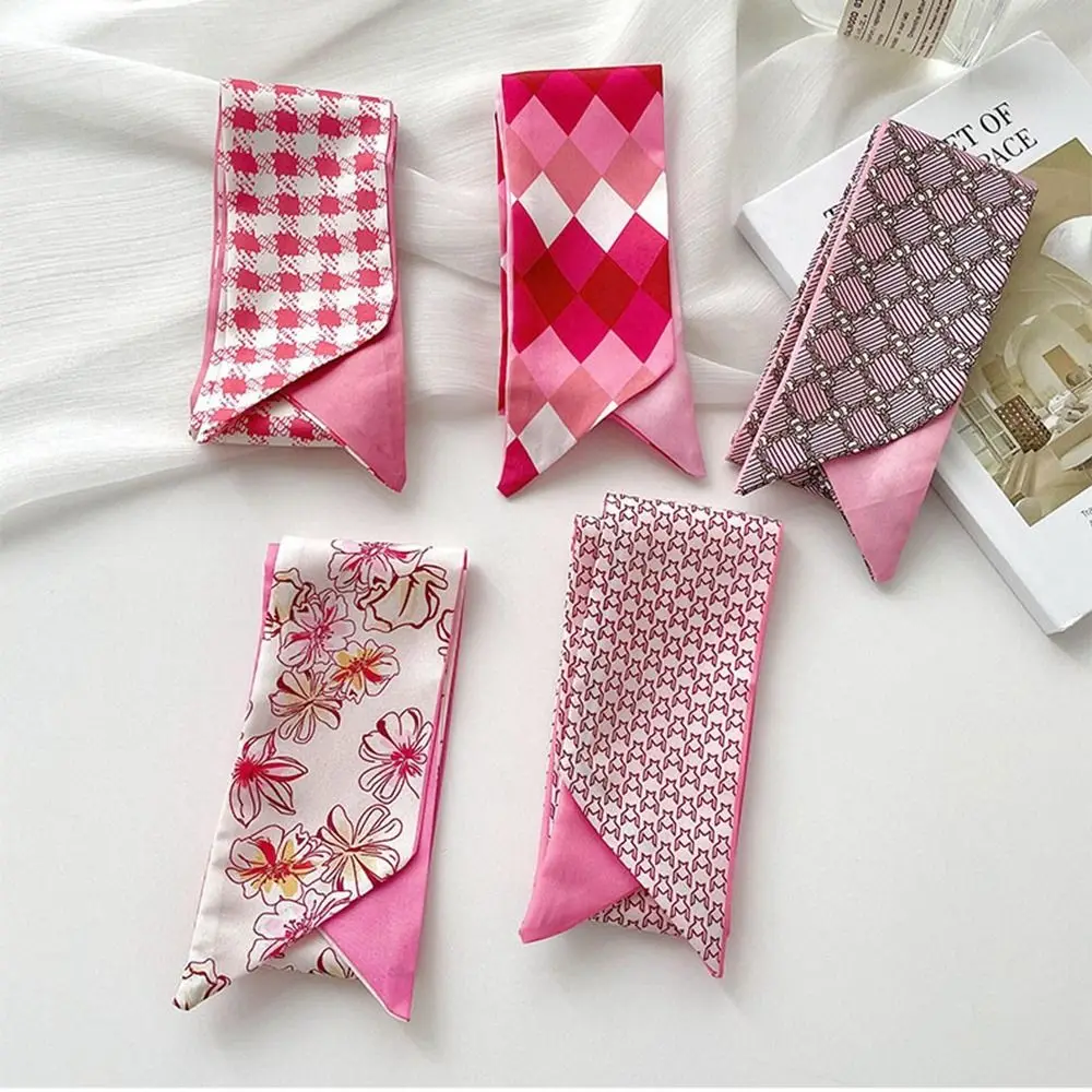 Sweet Pink Small Long Scarf Simple Fashion Print Flower Silk Scarf Ribbon Headband for Female Bag Decoration Accessories