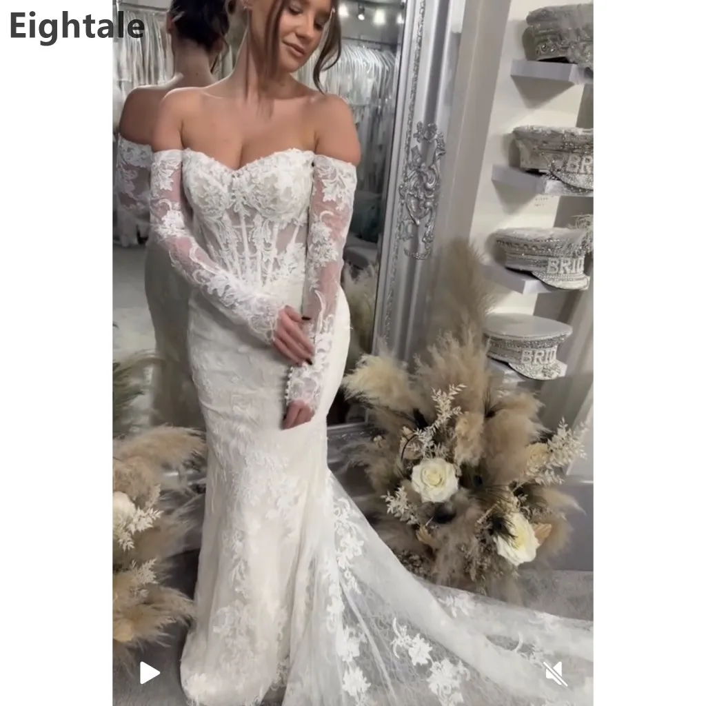 فساتين زفاف Eightale فاخرة حورية البحر بأكمام طويلة بدون أكتاف 2025 زي العرائس مزينة بالدانتيل رداء De Mariage مخصص