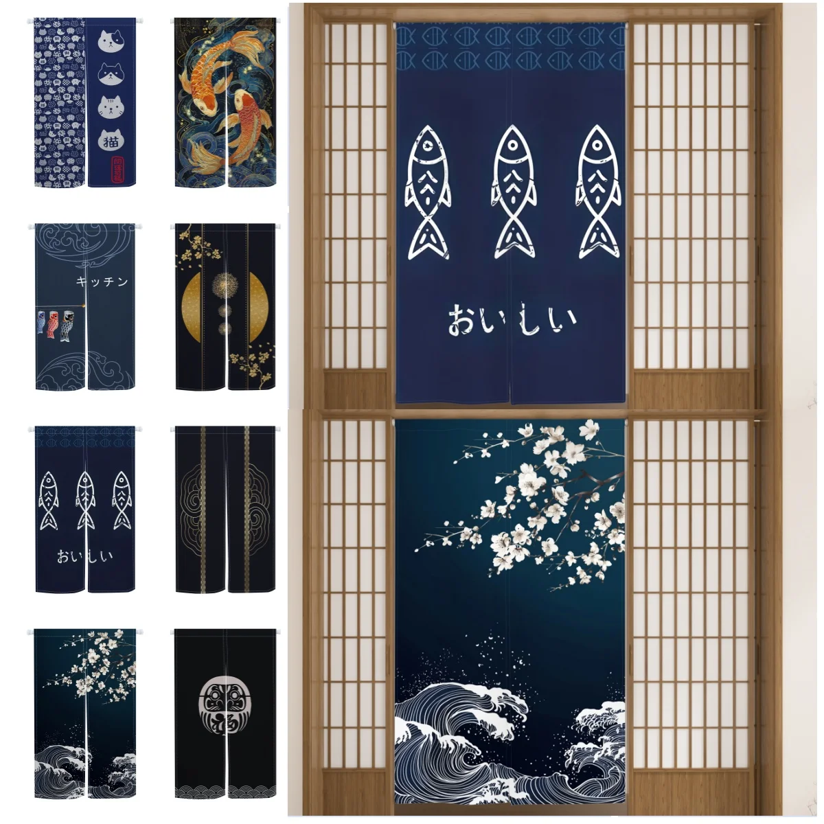 Japanese Style Noren Door Curtains Navy Blue Printed Izakaya Dining Room Partition Linen Doorway Curtains Kitchen Half Curtains