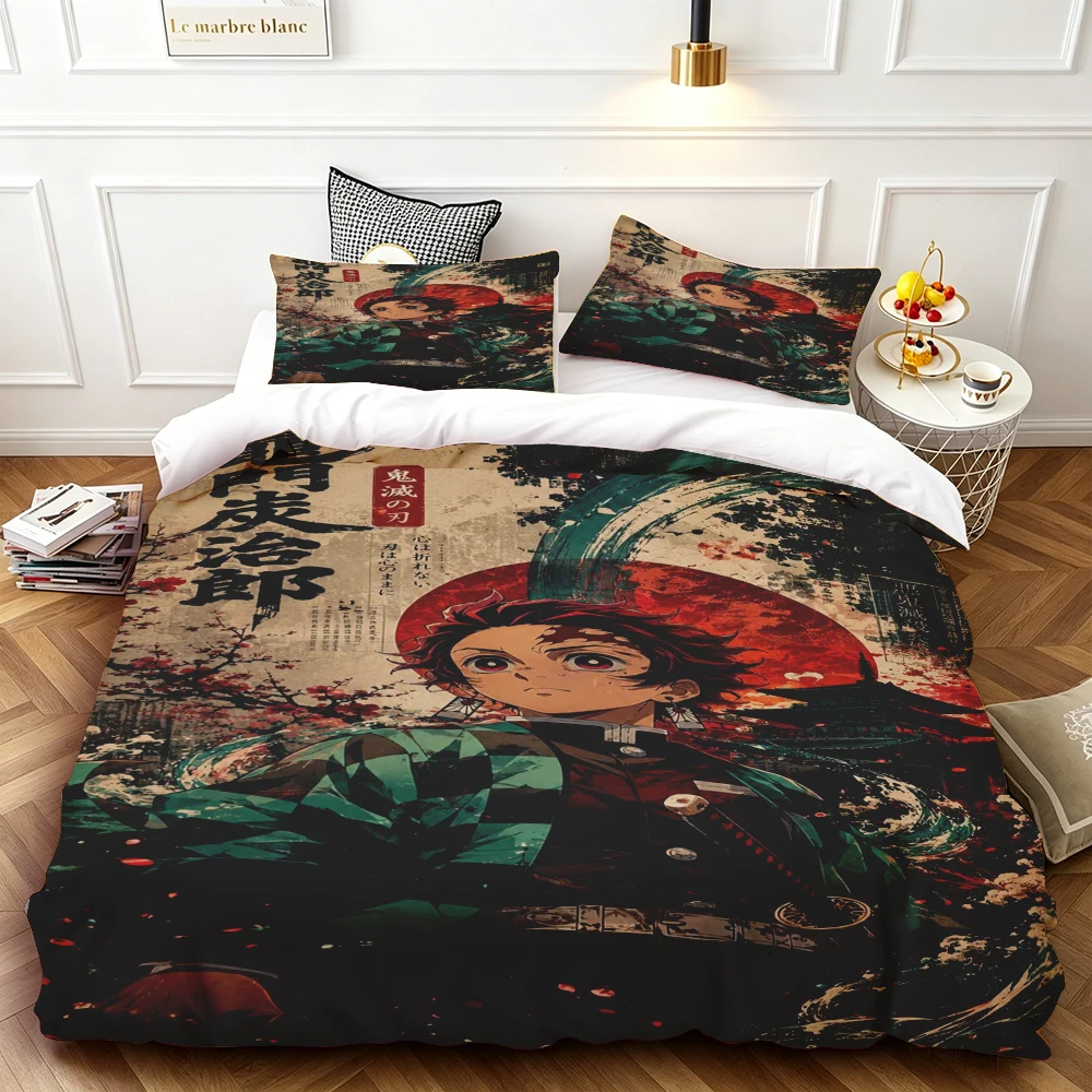 

3pcs Duvet Cover Demon Slayer Tanjiro Cartoon Bedding Set for Comfortable and Breathable Queen King Bedroom Dormitory