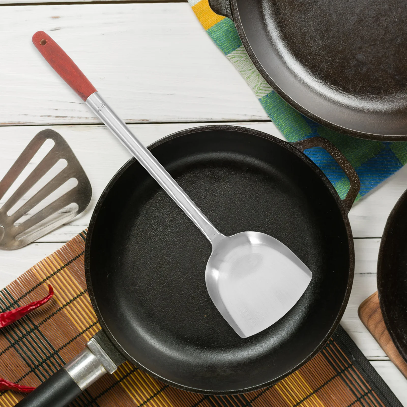 

Long Handle Stainless Steel Kitchen Spatula Wooden Handle Stir Fry Frying Flipping Cooking Tool Household Restaurant Use