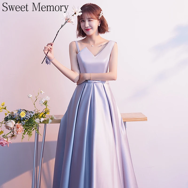 A2369 Women Gray Bridesmaid Dresses Lace Up Girl Long Wedding Guest Formal Gown Girl Birthday Party Champagne Pink Satin Dress