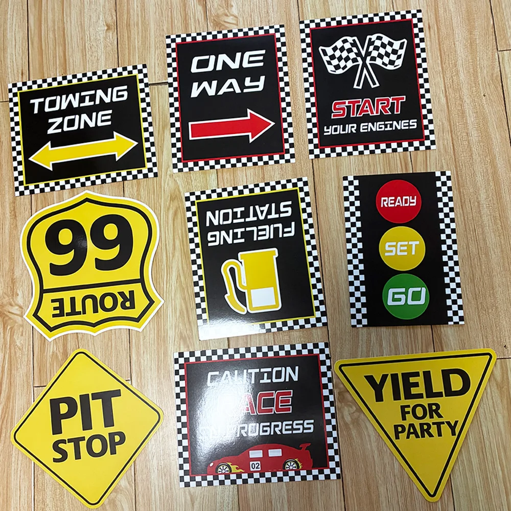 

9 Pcs Race Car Party Decorations Funny Race Car Signs Cutouts Let's Go Racing Party Supplies Racing Fans Birthday Party Decor
