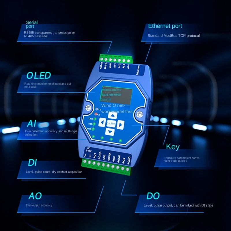 

4 Way Remote Acquisition Control Modbus TCP I/P Networking Module 4AI+4AO 0-20MA RJ45 RS485 Modbus Gateway OLED Display