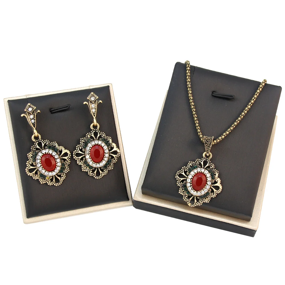 Sunspicems Vintage Bohemia Women Earring Necklace Sets Antique Gold Color Turkish Retro Jewelry Sets Bronze Pendant Necklace Set