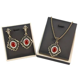 Sunspicems Vintage Bohemia Women Earring Necklace Sets Antique Gold Color Turkish Retro Jewelry Sets Bronze Pendant Necklace Set