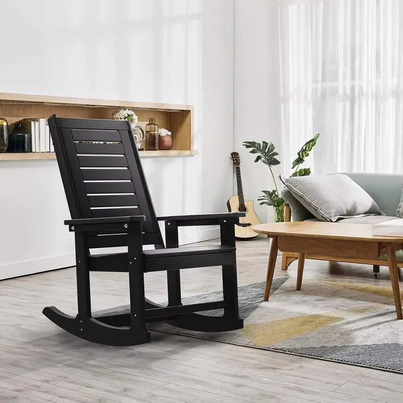 for Outdoor Rocking Chairs Set of 2 HDPE Plastic Black Oversized High Back Ladder Back Patio Rocker for Garden Balcony