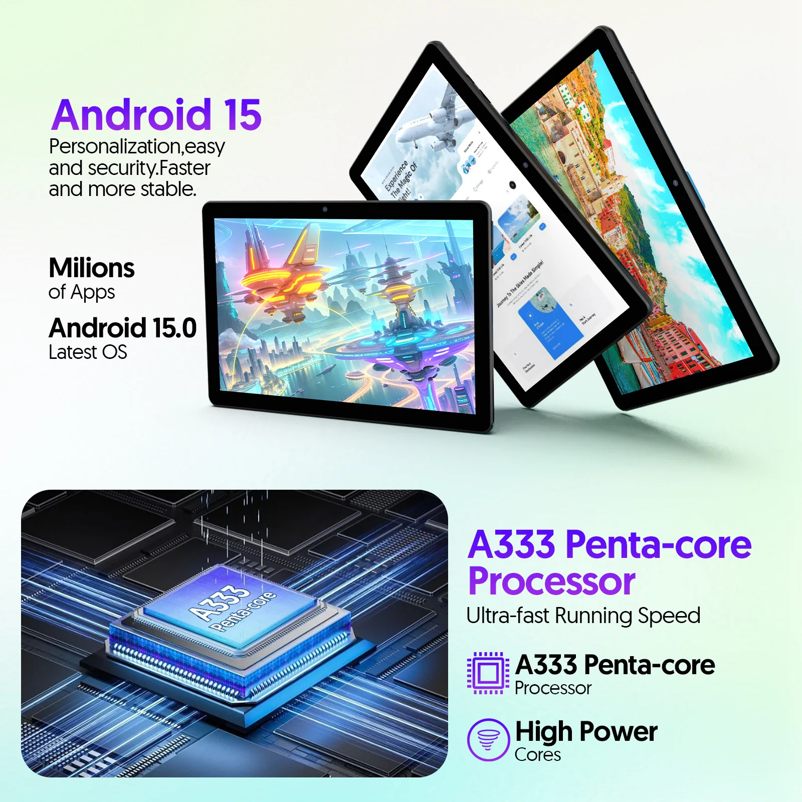 BAKEN Global Edition tablet PC de 10 polegadas, sistema Android 15, processador quad-core, 12 GB + 64 GB, suporta expansão de 1 TB, WiFi, 6000 mAh