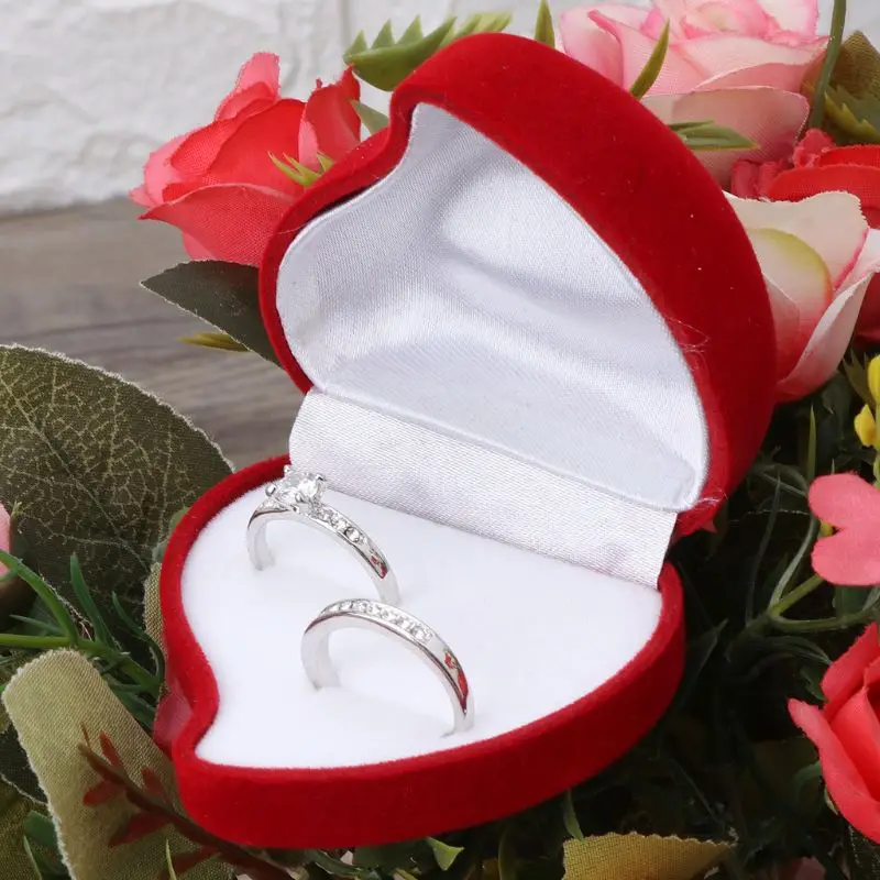 652F Wedding Big Red Flocking Cloth Ring Box Jewelry Packaging Box Peach Heart Rose Single and Double Ring Box Fashion Gift