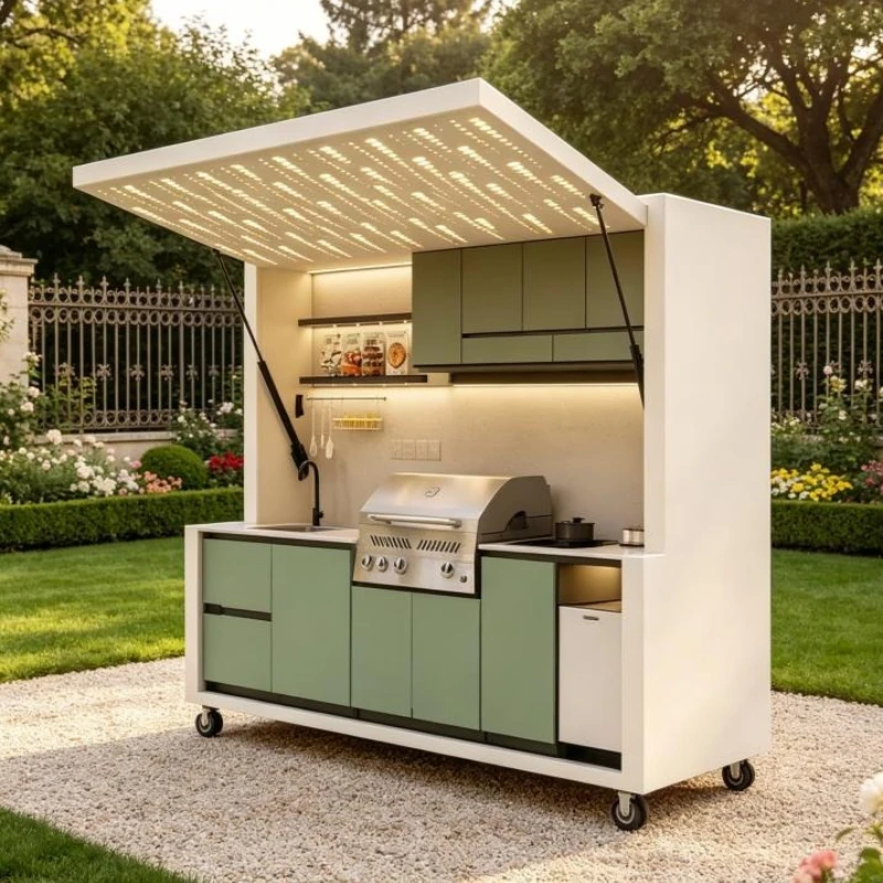 Modern Luxury Backyard Outdoor Kitchen Shed With Electric Lift Up Roof And Built In Sink Fridge Storage And Grill