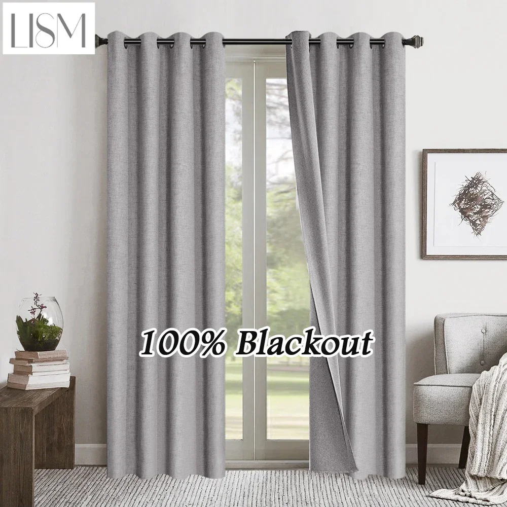

100% Blackout Curtains For Living Room Bedroom Waterproof Garden Thick Both Sides Linen Curtains Drapes Window Curtain Panels