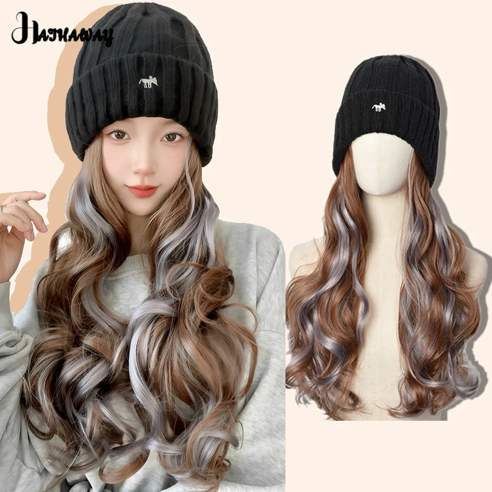 Topi Wig sintetis mode wanita, topi Wig kepala penuh untuk wanita, topi wol rambut keriting panjang, sorot musim gugur dan musim dingin