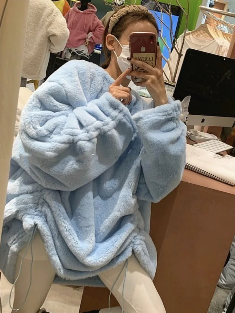 Women's Fluffy Drawstring Sweatshirt Mid-Length Loose Fur Coat Winter Outerwear Korean Style Soft Material Versatile Use