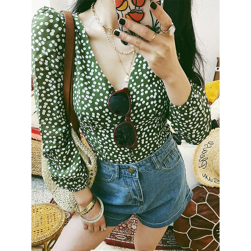 Women Spring Autumn Vintage Sexy Polka Dot Printing V-neck Long Sleeve Shirts Ladies Fashion Office Lady All-match Trend Tops