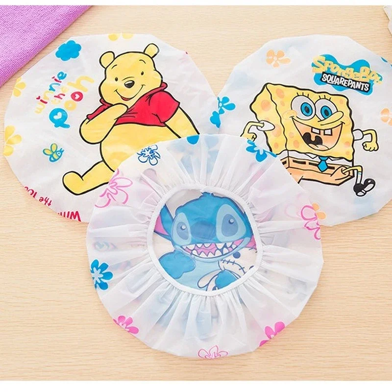 Disney Winnie the Pooh Stitch Shower Cap Cute Cartoon Waterproof Bath Hat Kawai Thickened Oil Fume Cap Girls Hair Salon Supplies