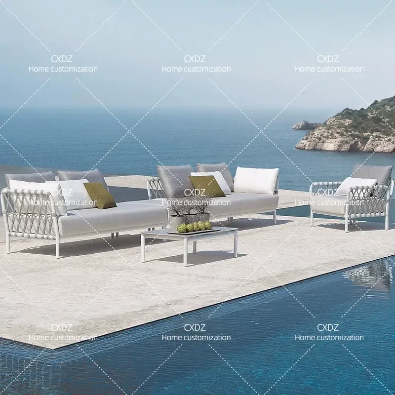 Nordic Outdoor Furniture Rattan Sofa and Coffee Table Set for Courtyard Balcony Leisure Patio Wicker Seating Combination