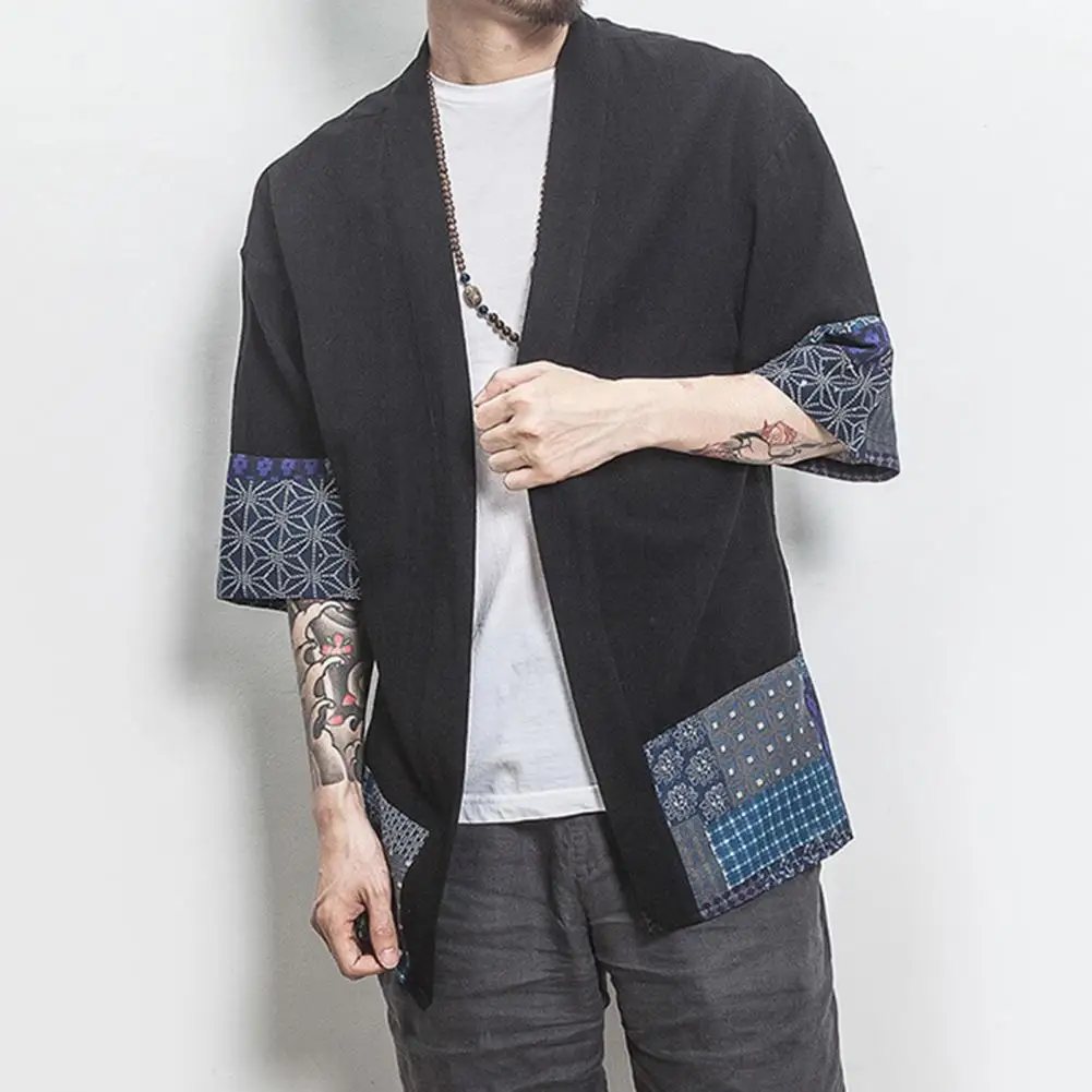 Men's Japanese Kimono Cardigan Loose Cotton Linen 3/4 Sleeve Open Front Casual Summer Shirt Jackets