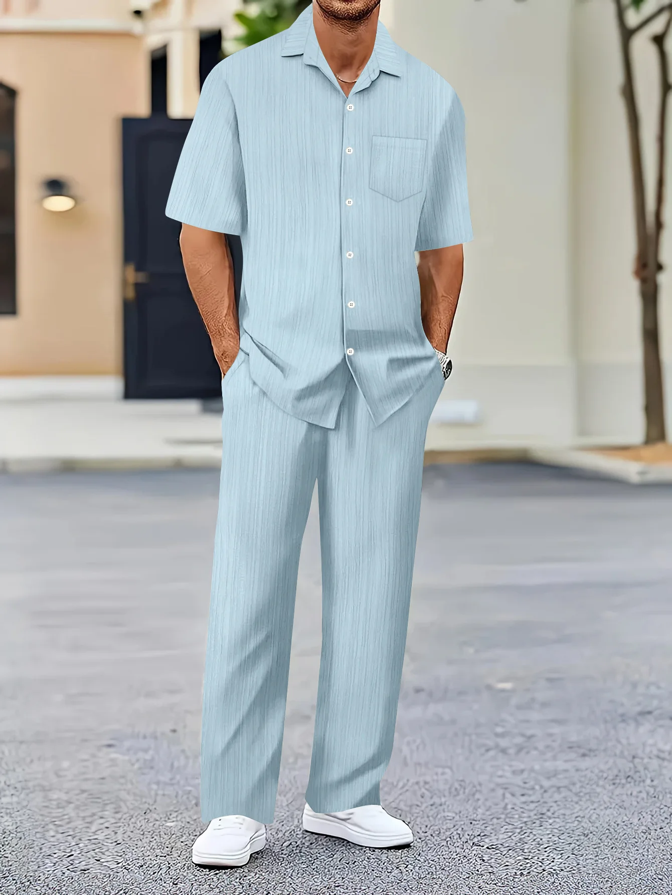 Summer New Style Business Casual Men's Wavy Stripe Casual Suit With Collar Pocket Short Sleeve Long Pants Solid Color Two-Piece