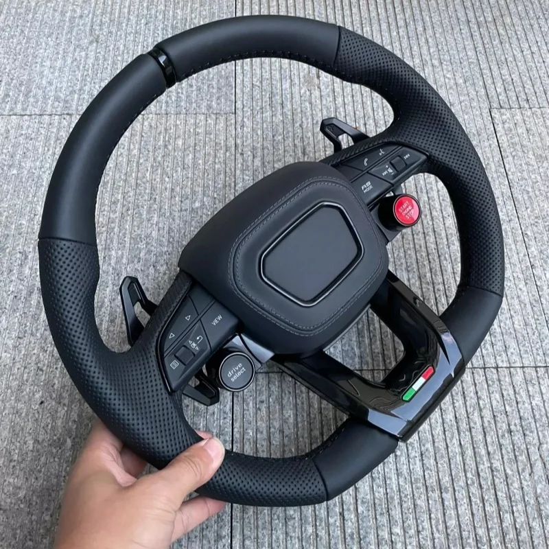 For Audi Q3 Q5 Q7 Q8 RS Q3 RS Q5 Black Leather Perforated Flat Bottomed Steering Wheel With Paddles And Buttons Car Accessories