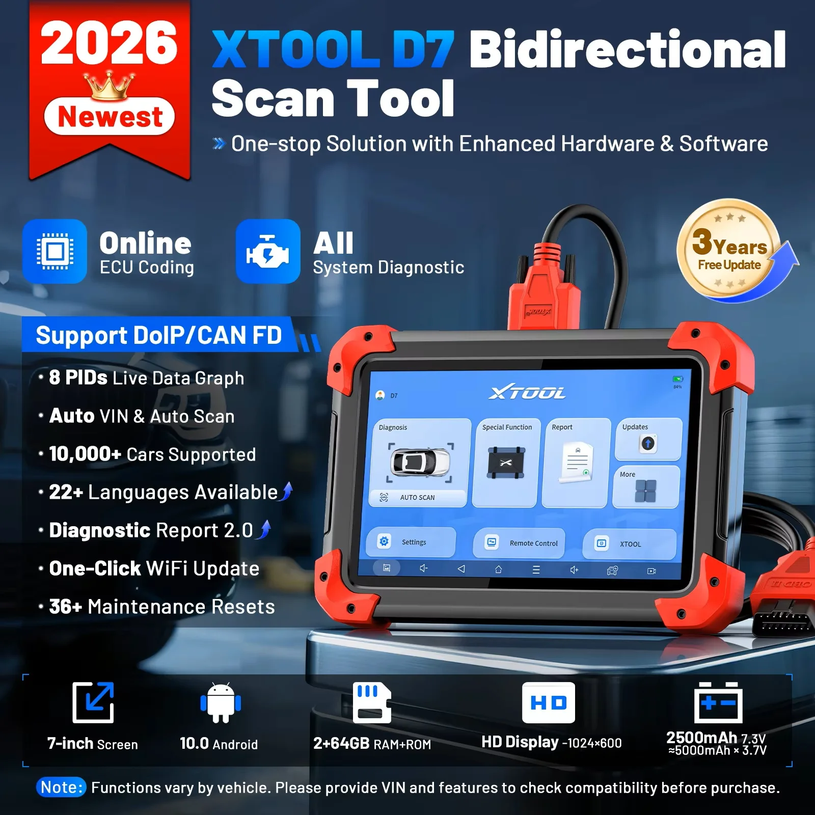 XTOOL D7 V2.0 Automotive Scanner OBD2 Scanner FCA DOIP CAN FD Car Diagnostic Tools Full System Bidirectional ECU Coding 36 Reset