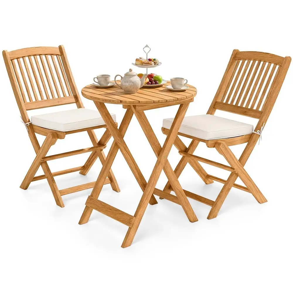 

3Pcs Patio Bistro Set, Wood Folding Table Set, 2 Cushioned Chairs for Garden Yard, Outdoor Furniture Round Table Natural amp Be