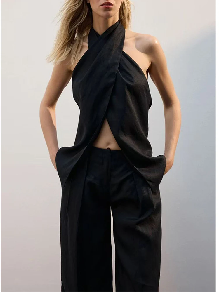 비대칭 린넨 백리스 베스트 탑 프렌치 아일랜드 휴가 스타일 우아한 디자인 출퇴근 스타일 슬림 핏 혼합 소재 캐주얼 웨어